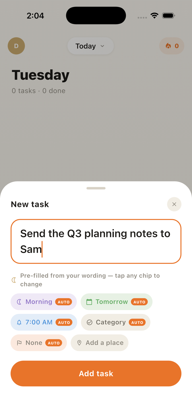 Wispr Tasks new-task sheet with the spoken title and auto-filled details.