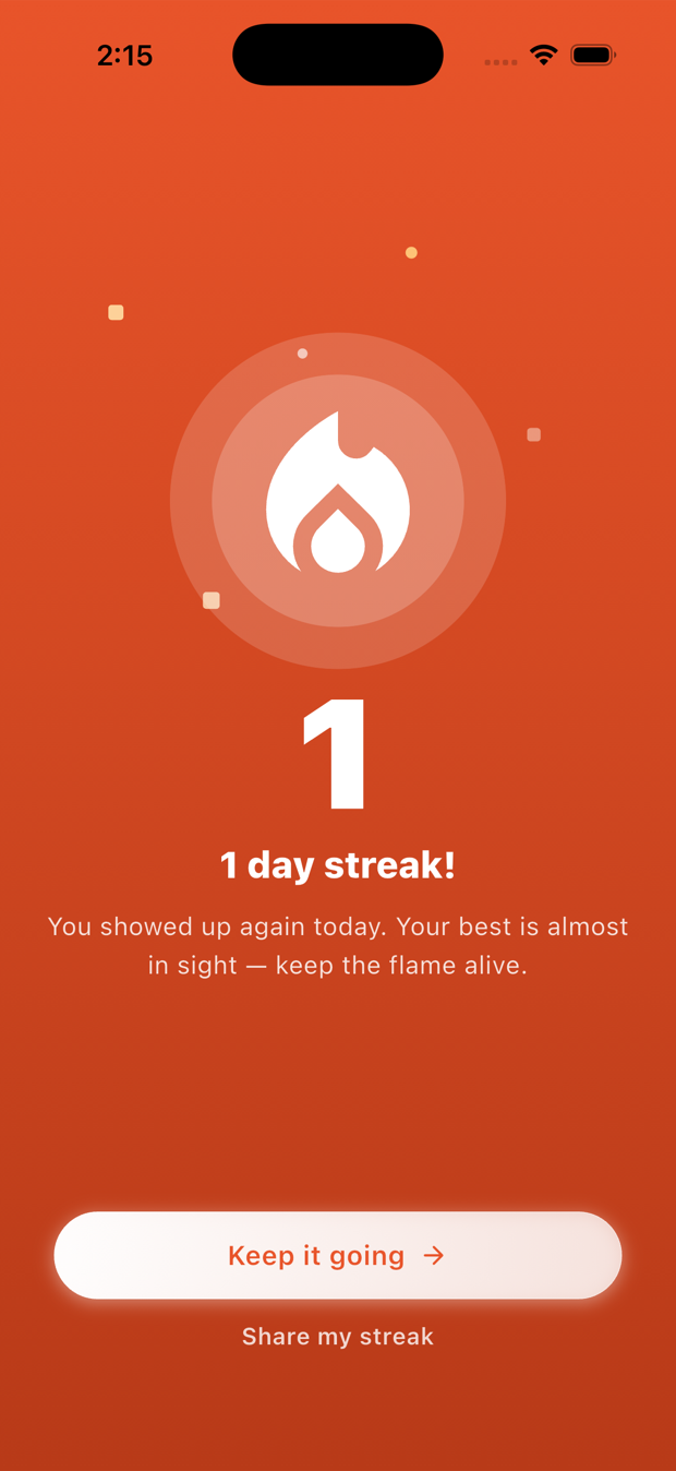Wispr Tasks streak celebration: a large “1” and “1 day streak!”.