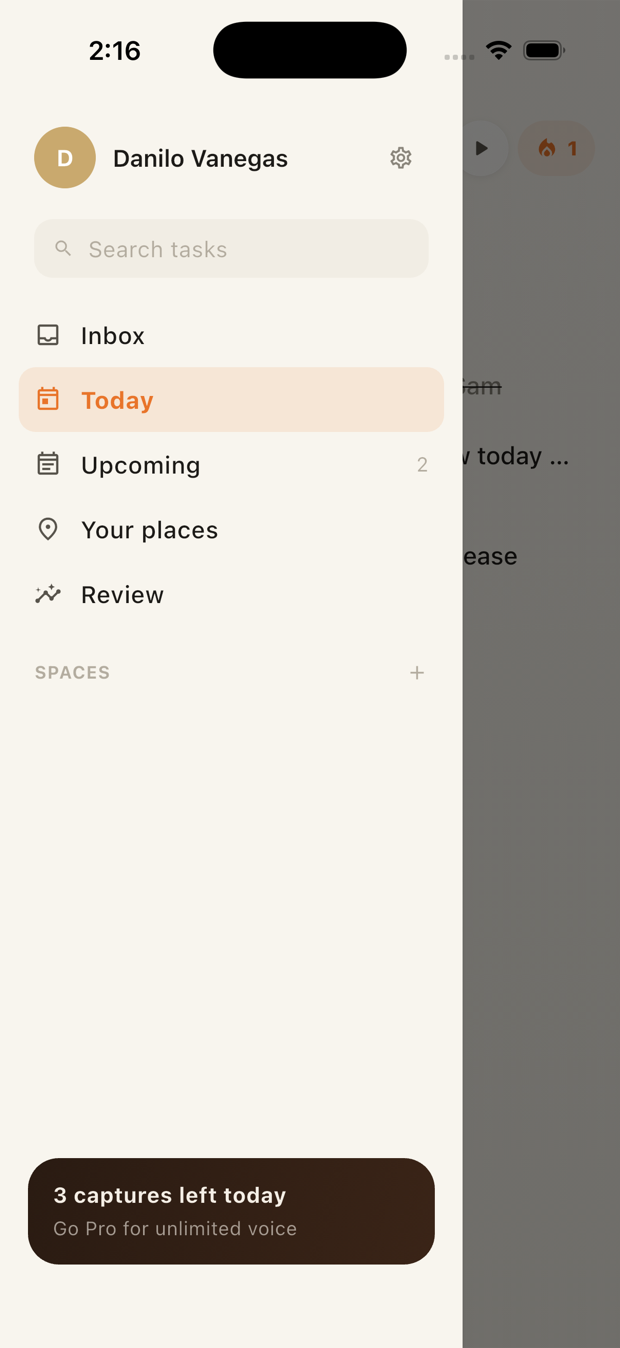 Wispr Tasks navigation drawer showing Inbox, Today, Upcoming, Your places, Review and Spaces.