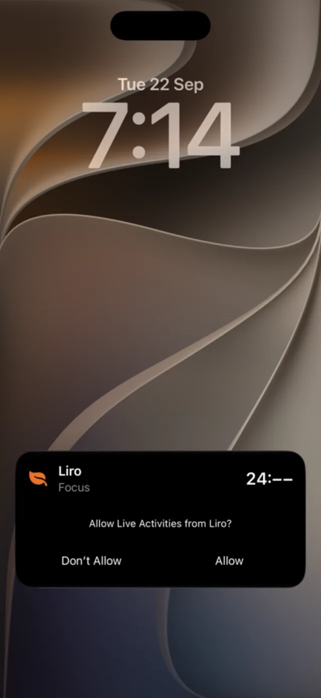 Liro Fokus-Timer als Live-Aktivität auf dem Sperrbildschirm des iPhone.