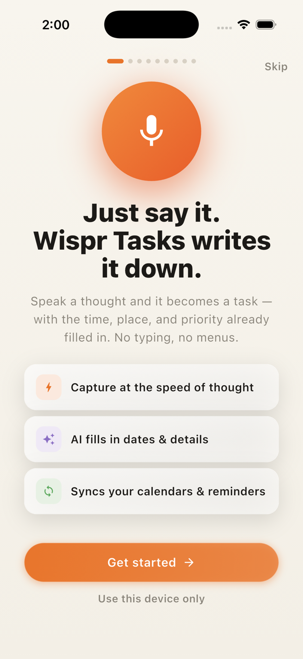 Wispr Tasks welcome screen: “Just say it. Wispr Tasks writes it down.”