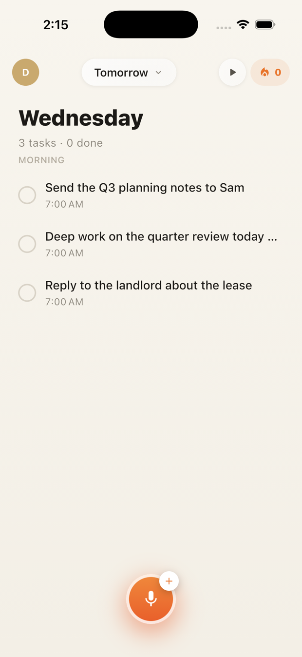 Wispr Tasks day view grouped by Morning with the ember mic button.
